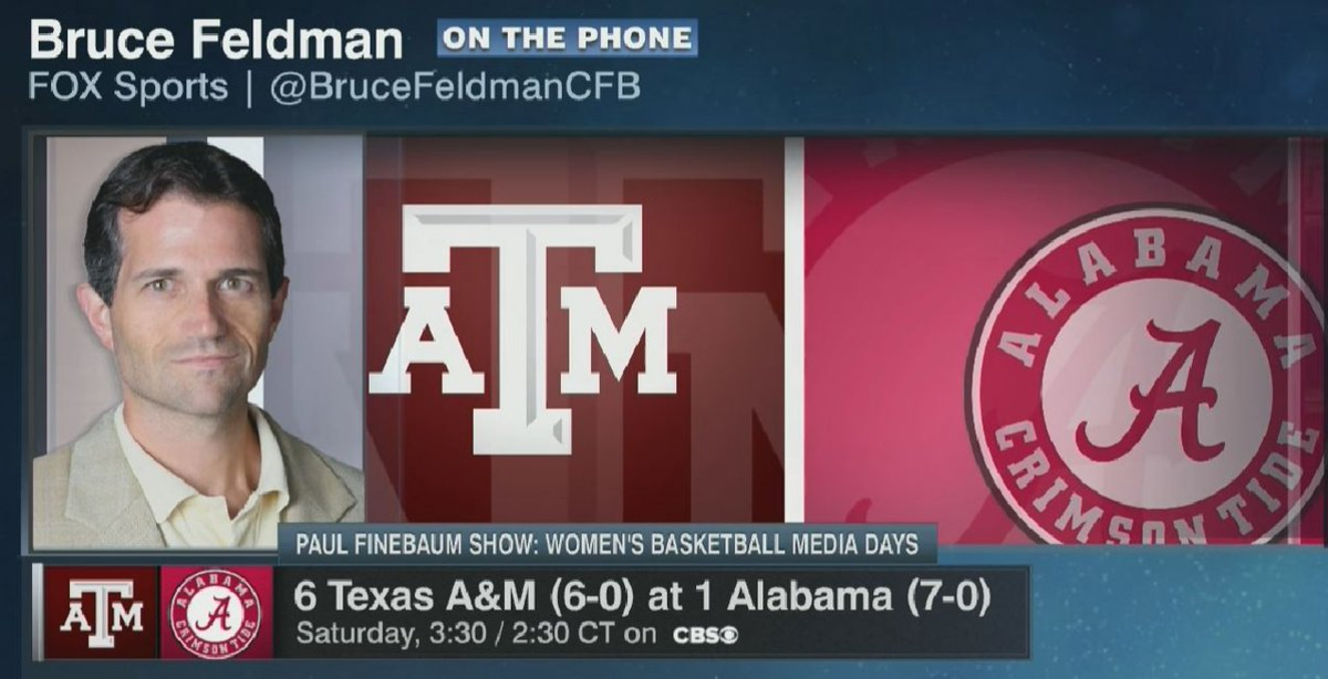 Bruce Feldman's picture being used on ESPN while he talks about Texas A&M's upcoming game against Alabama.