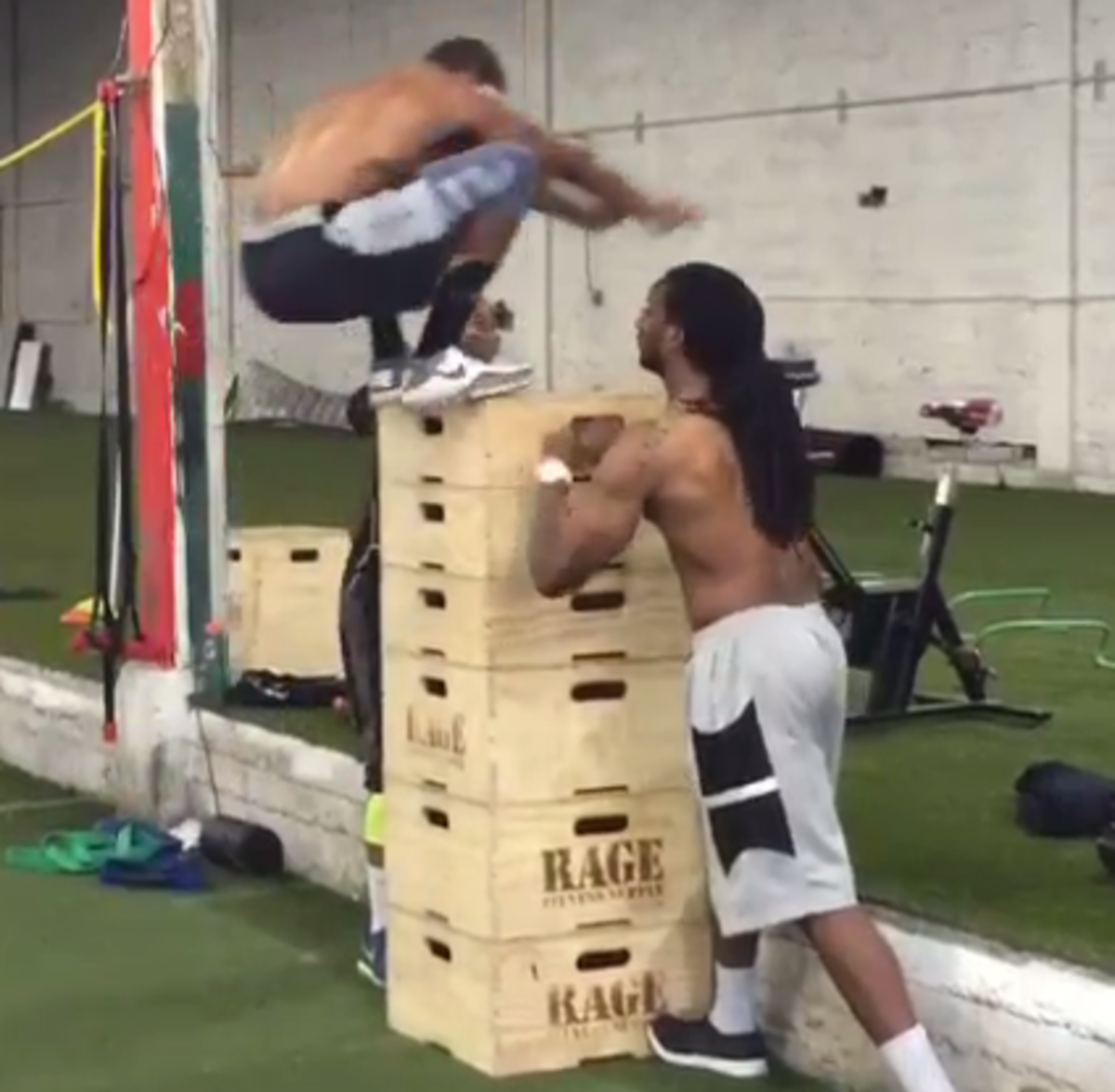 Notre Dame Keivarae Russell lands a ridiculous Box Jump.