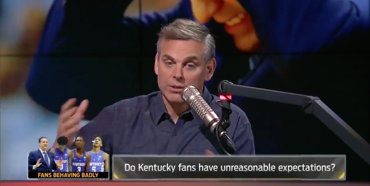 Colin Cowherd talks into microphone about kentucky basketball fans.