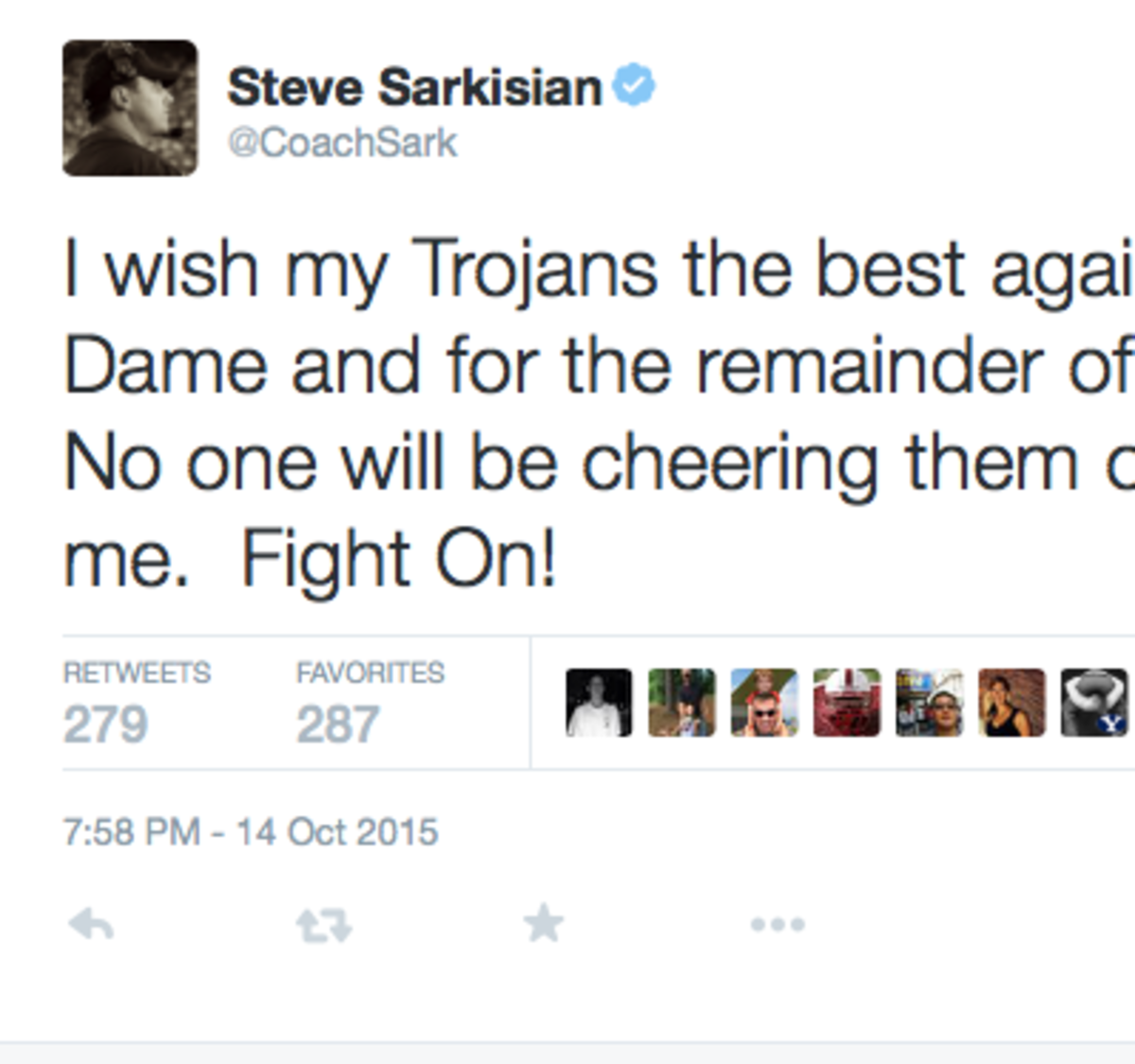 Steve Sarkisian tweets about recently being fired from USC.