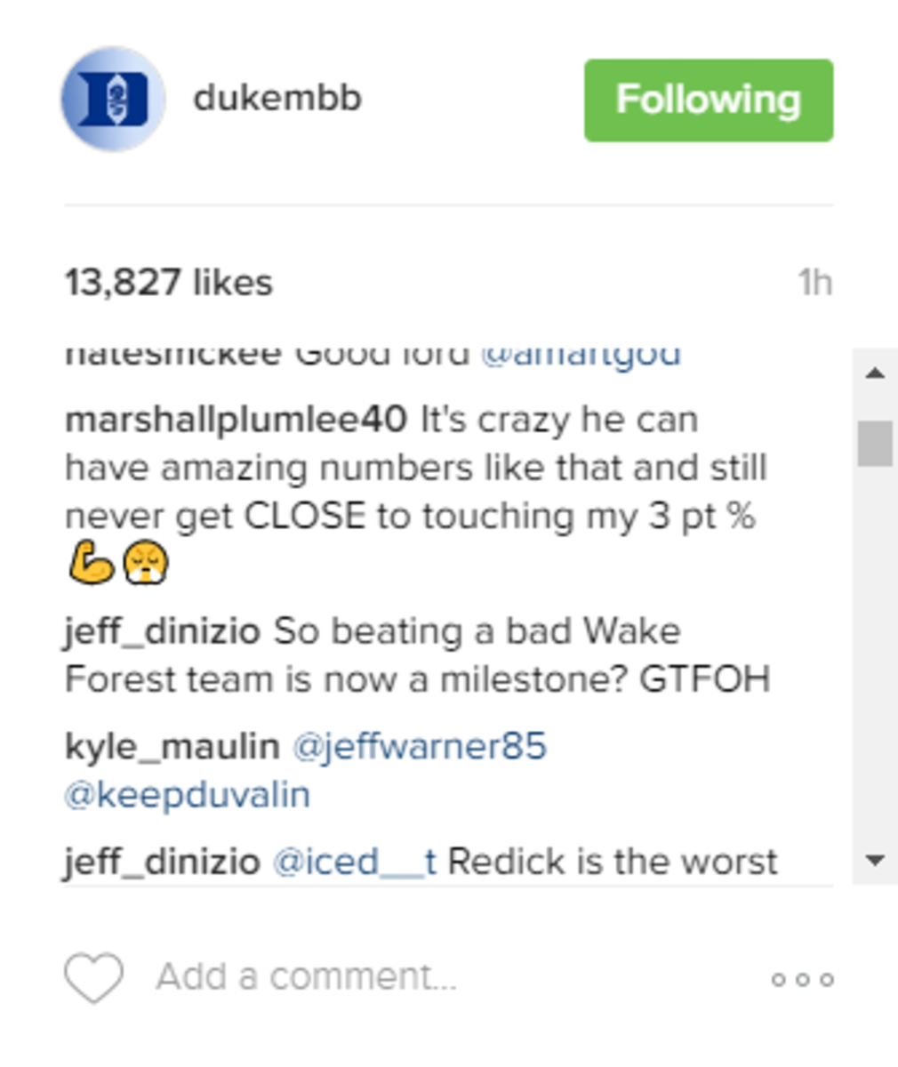 Marshall Plumlee jokes about Luke Kennard on Instagram.