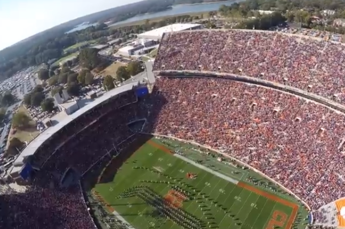 A skydiver records his descent into Clemson Memorial Stadium on game day.