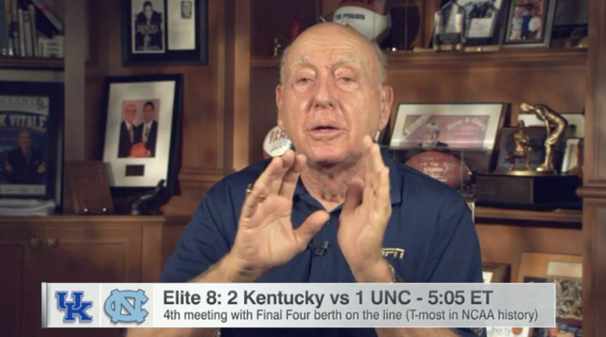 Dick Vitale predicting who will win Kentucky North Carolina basketball game.