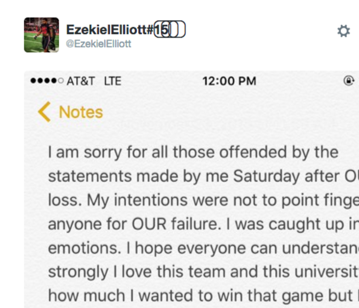 Ezekiel Elliott releases apologetic statement after post game comments.