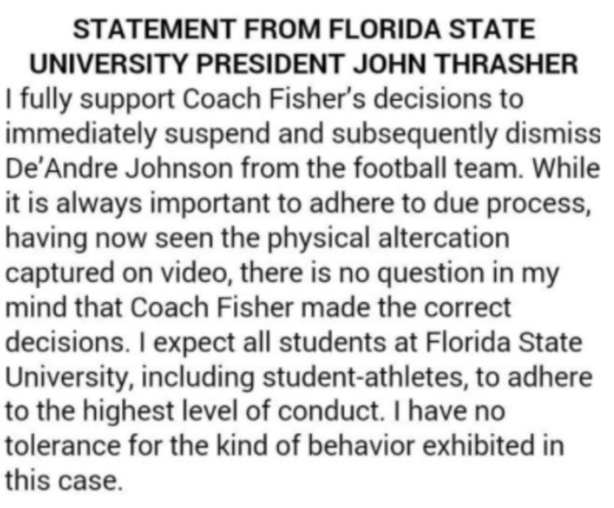 FSU President releases statement n support of Jimbo Fisher's decision to dismiss De'Andre Johnson from the football team.