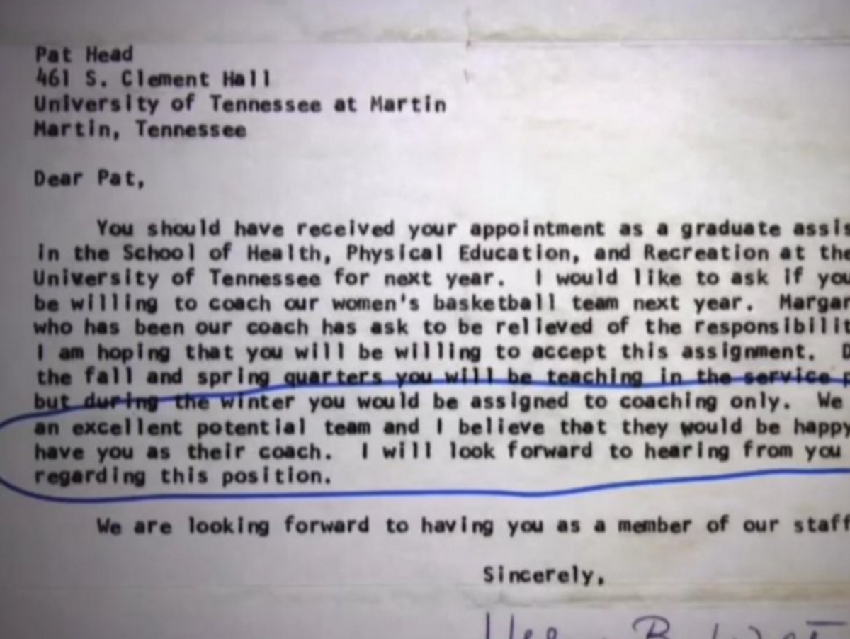Pat Summitt's letter written in 1974.