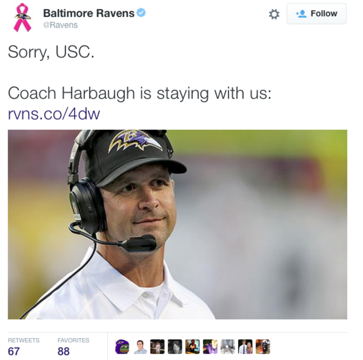Baltimore Ravens apologize to USC for keeping Coach Harbaugh on Twitter.