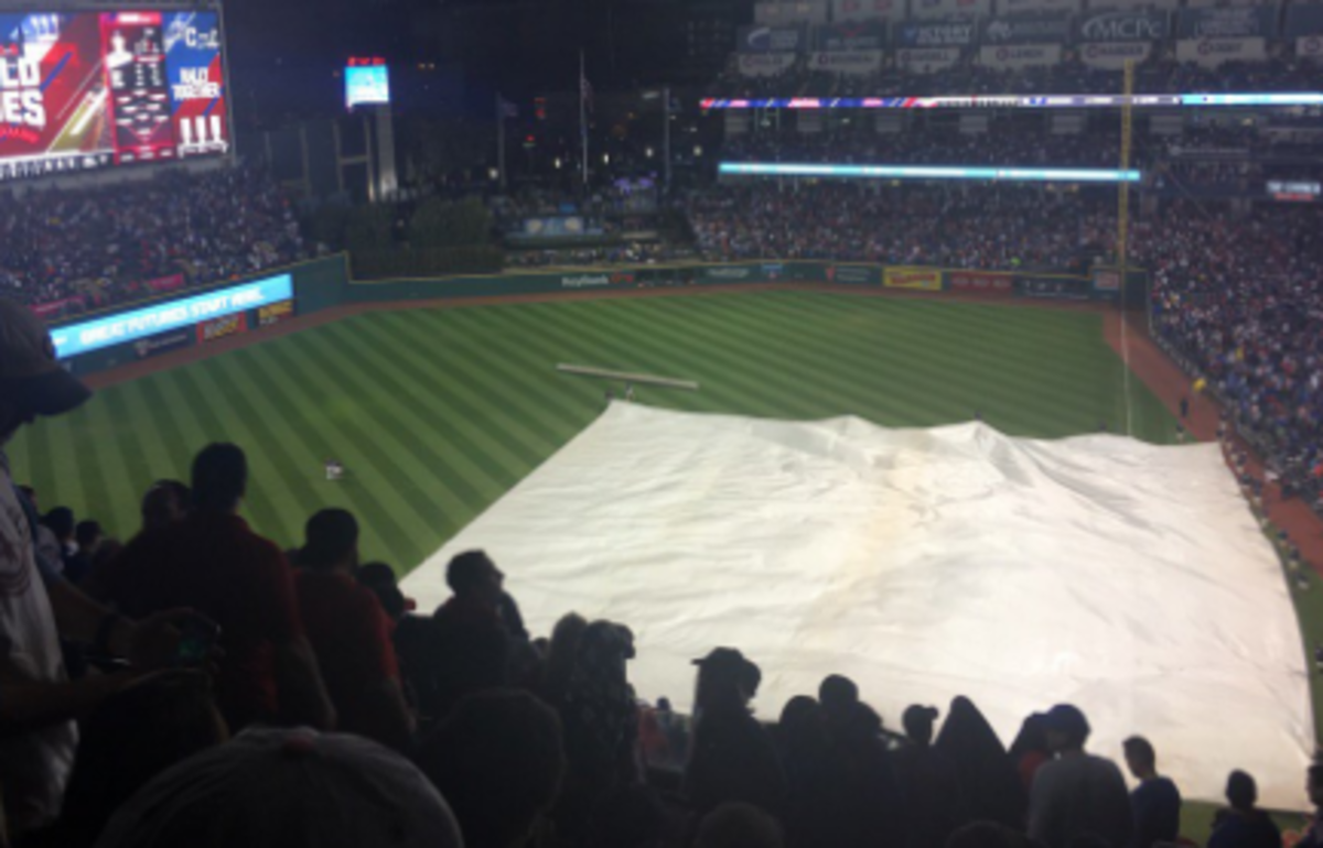 The tarp on the field for the Cubs vs. Indians game.