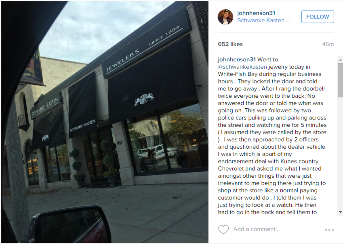 John Henson's Instagram post about racism at a Milwaukee jewelry store.