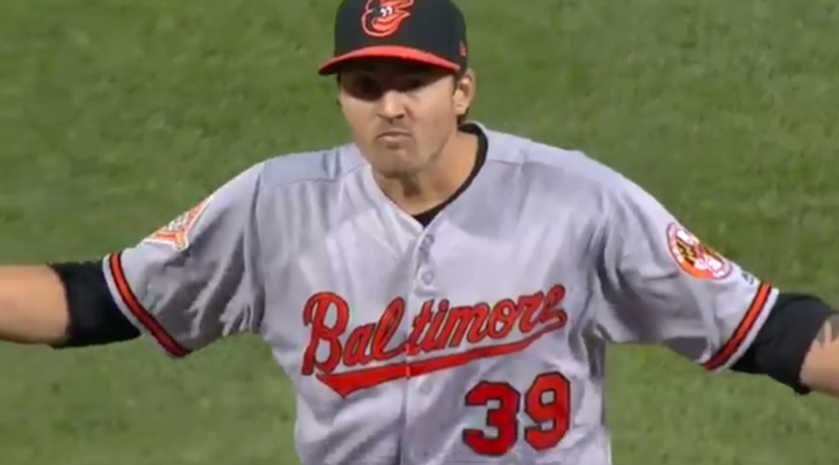 Orioles pitcher Kevin Gausman gestures toward the ump.