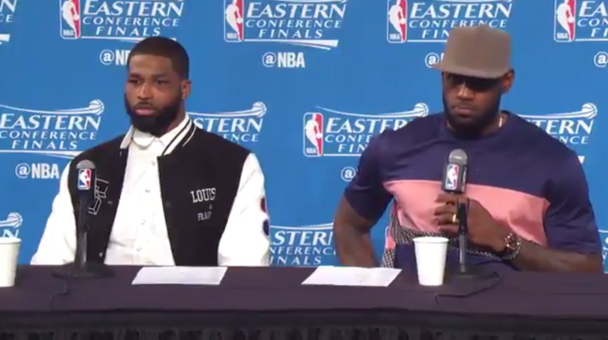 LeBron James and Tristan Thompson at a press conference.