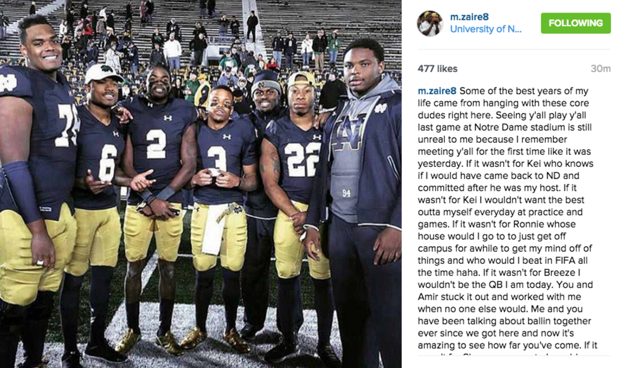 Malik Zaire posts a message on Instagram to the Notre Dame senior class.
