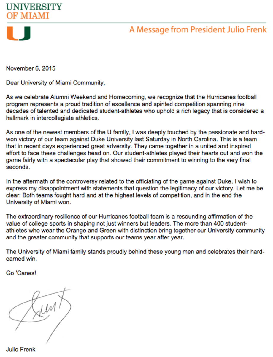 Julio Frenk letter to the University of Miami Community.