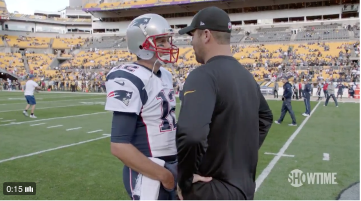 Tom Brady talking to Ben Roethlisberger before a game.