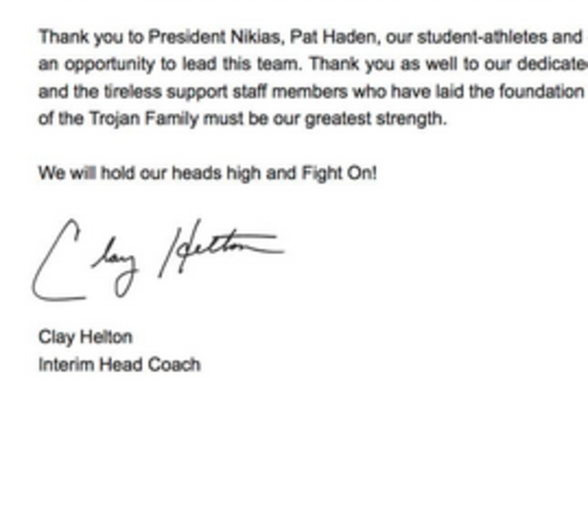 Interim USC Coach Clay Helton's letter to the Trojan family.