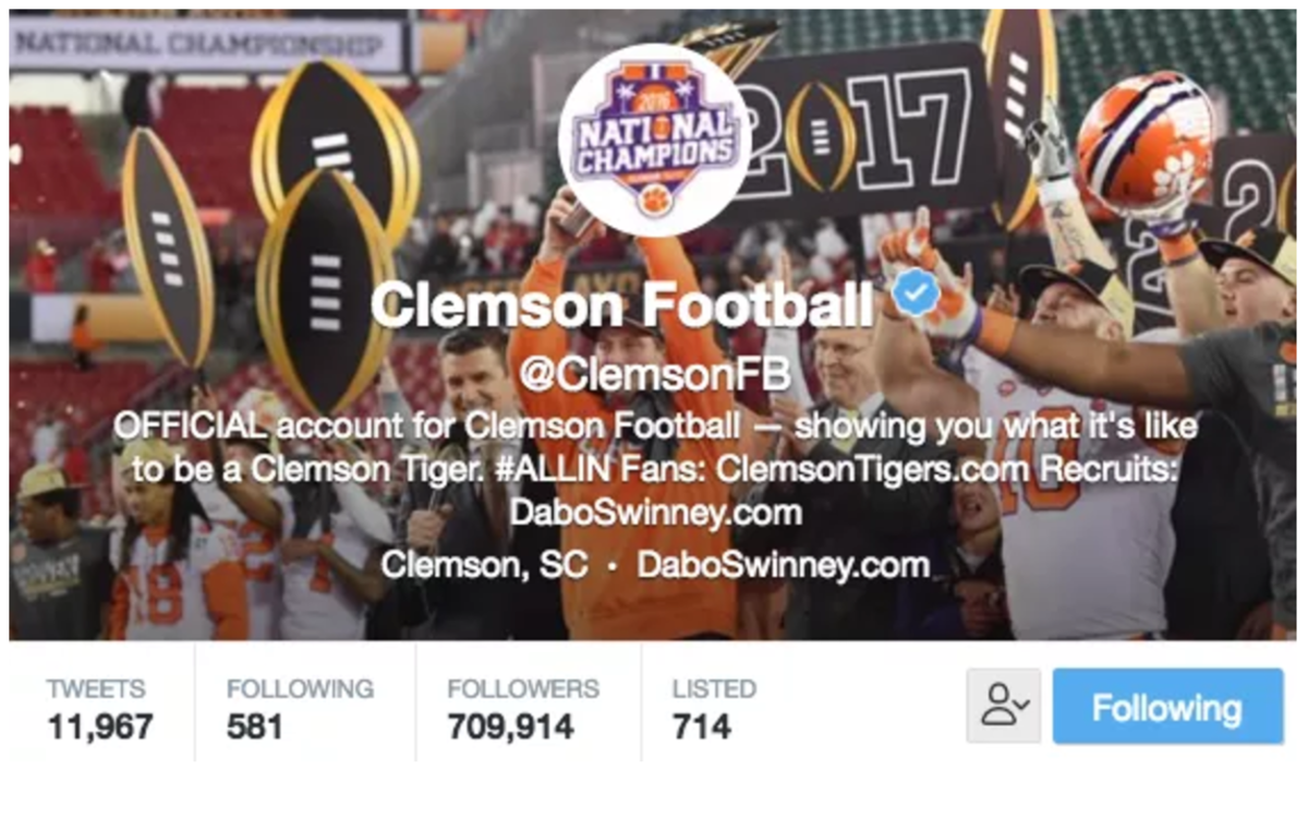 A screenshot of the Clemson football Twitter account.
