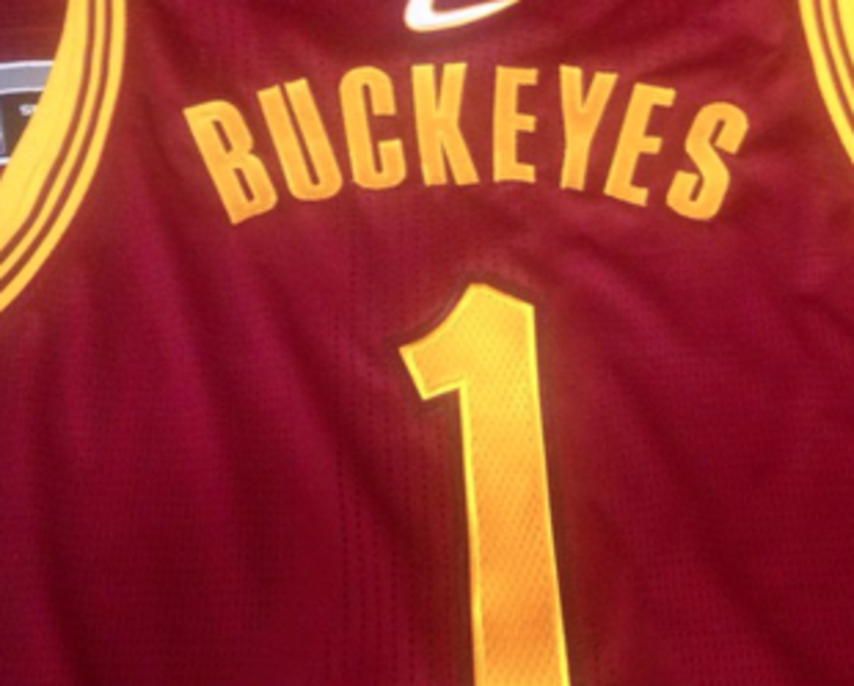Cavs Jersey with buckeyes on the back and #1 for Urban Meyer.