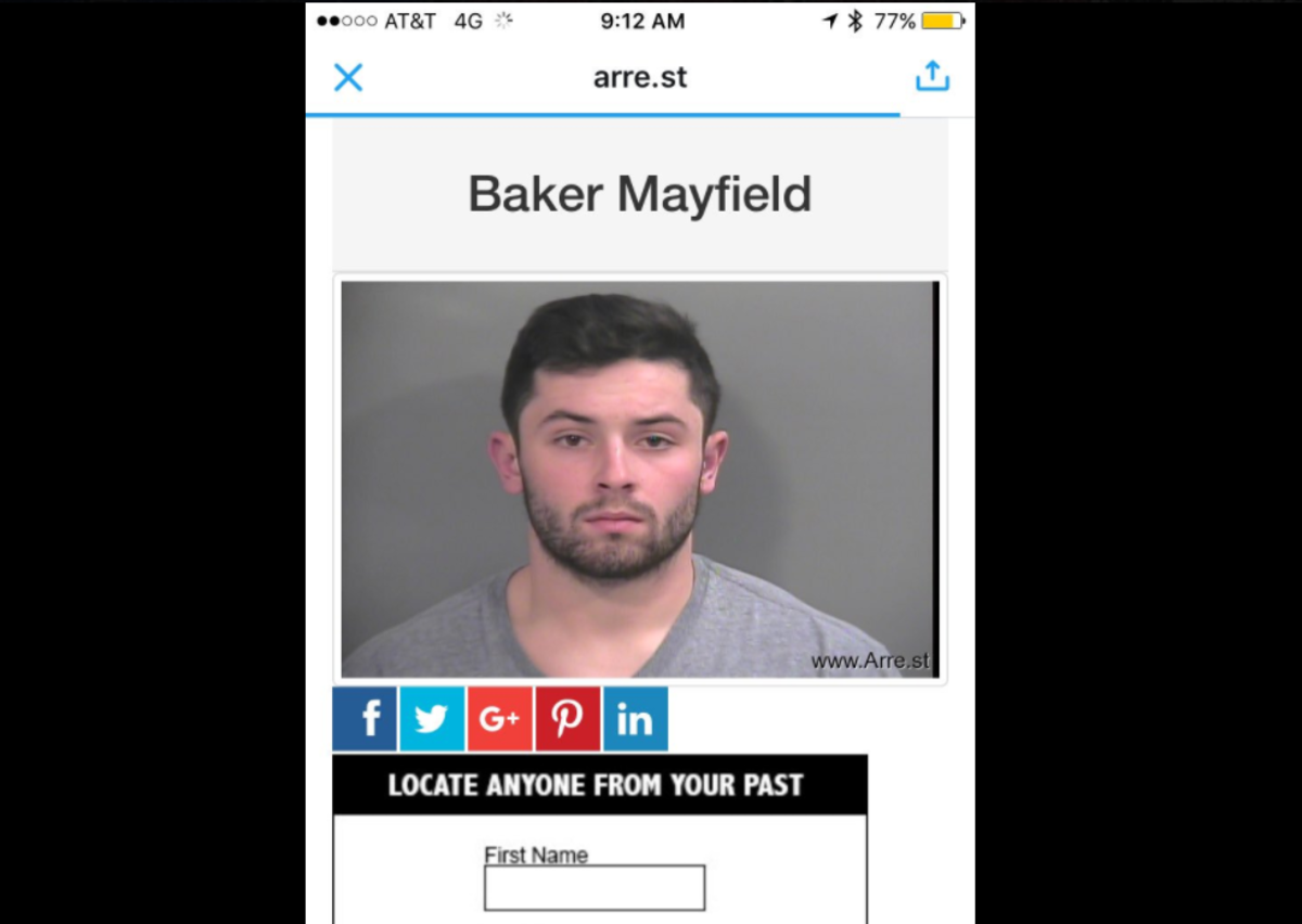 Baker Mayfield's mugshot after he was arrested on four charges.