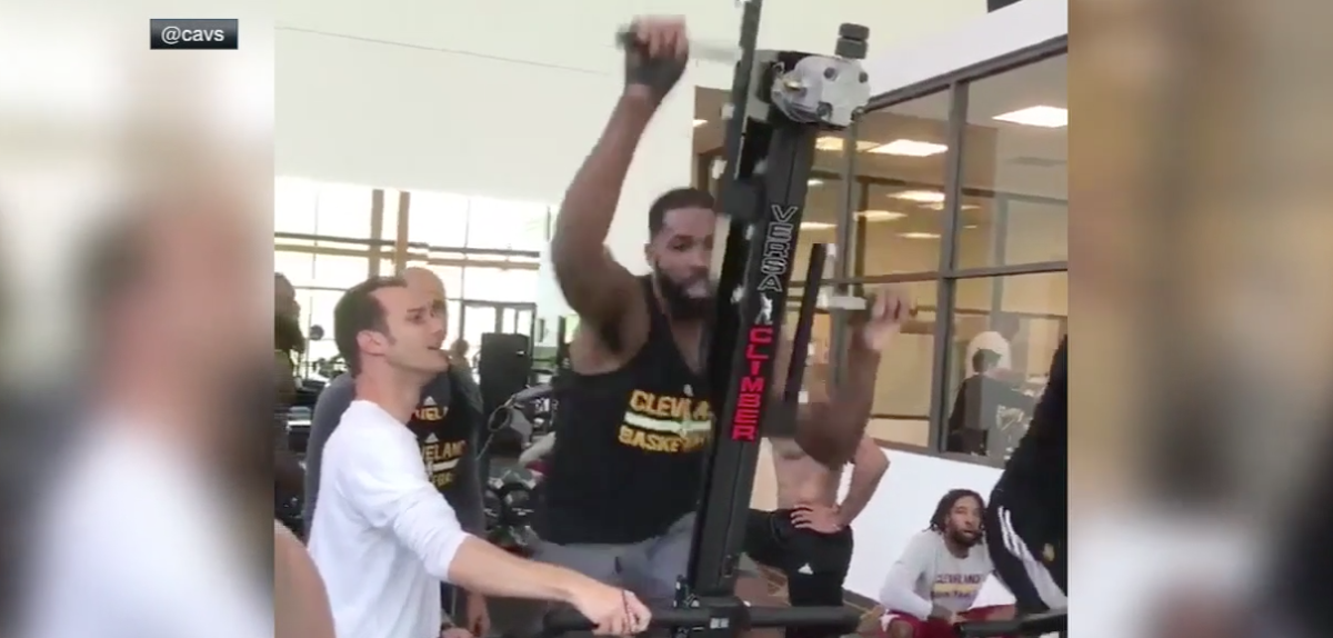 Tristan Thompson works out in a weight room.