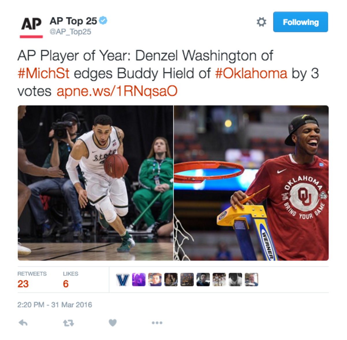 Denzel Washington and Buddy Heild atop the AP player of the year votes.