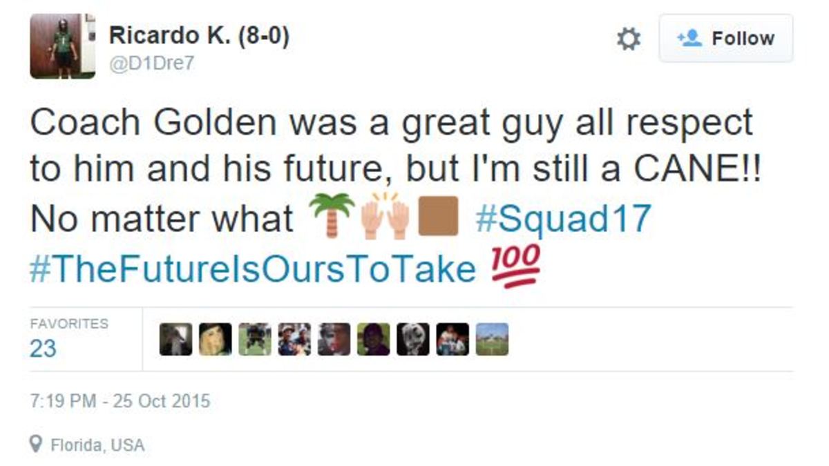 A Miami Hurricane recruit tweets his respect to Al Golden after he got fired.