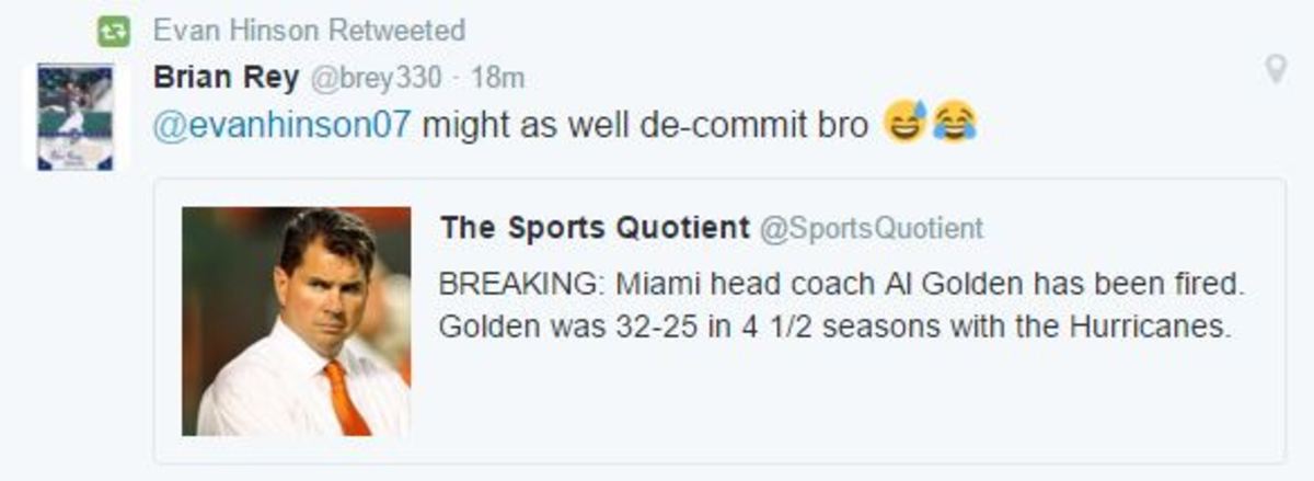 Miami football recruit reacts to Al Golden firing on Twitter.