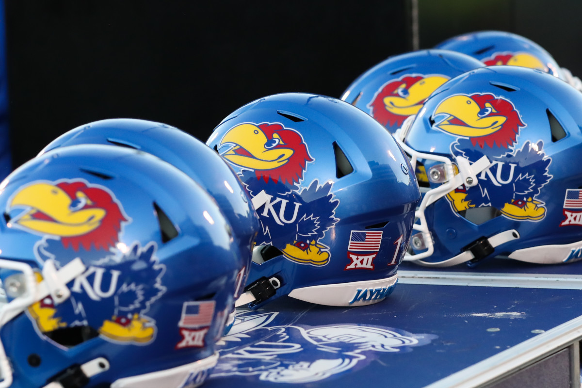 LAWRENCE, KS - SEPTEMBER 02: A view of Kansas Jayhawks helmets during a college football game between the Tennessee Tech Golden Eagles and Kansas Jayhawks on September 2, 2022 at Memorial Stadium in Lawrence, KS.  Photo by Scott Winters/Icon Sportswire via Getty Images)