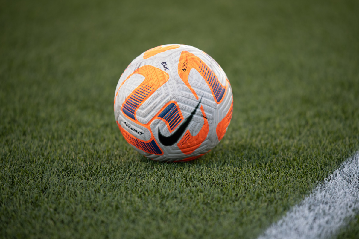 A general view of a Nike soccer ball used during a women's college soccer game between Ohio State and Brown.