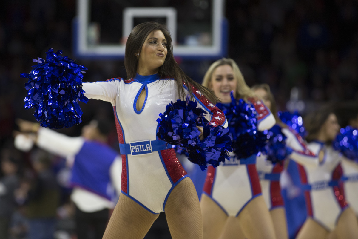 PHILADELPHIA, PA - MARCH 2: Philadelphia 76ers dancers perform during a timeout against the Charlotte Hornets at the Wells Fargo Center on March 2, 2018 in Philadelphia, Pennsylvania. NOTE TO USER: User expressly acknowledges and agrees that, by downloading and or using this photograph, User is consenting to the terms and conditions of the Getty Images License Agreement. (Photo by Mitchell Leff/Getty Images)