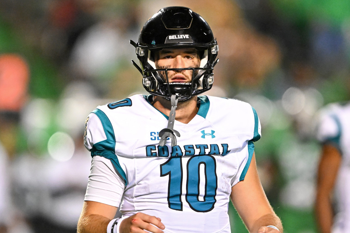 HUNTINGTON, WV - OCTOBER 29, 2022: Grayson McCall #10 of the Coastal Carolina Chanticleers looks on during the first half against the Marshall Thundering Herd at Joan C. Edwards Stadium on October 29, 2022 in Huntington, West Virginia. (Photo by Chris Bernacchi/Diamond Images via Getty Images)