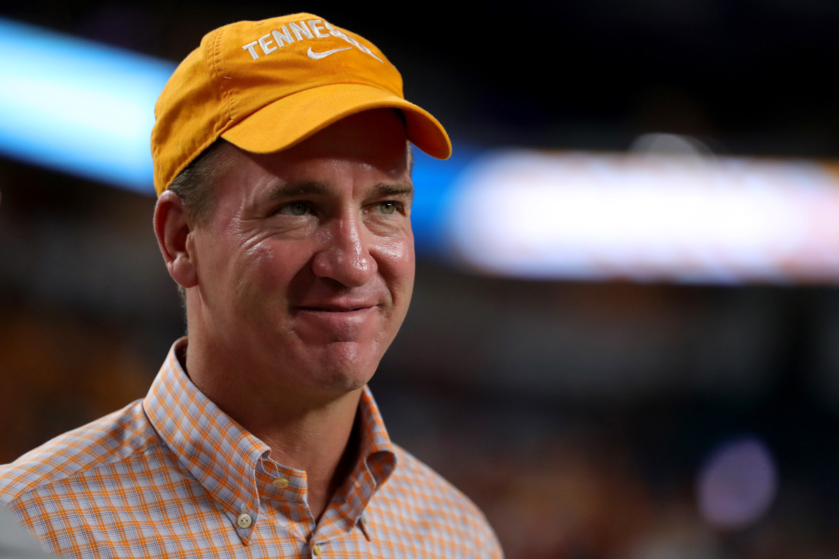 MIAMI GARDENS, FLORIDA - DECEMBER 30: Former Quarterback Peyton Manning looks on prior to the Capital One Orange Bowl between the Tennessee Volunteers and the Clemson Tigers at Hard Rock Stadium on December 30, 2022 in Miami Gardens, Florida. (Photo by Megan Briggs/Getty Images)