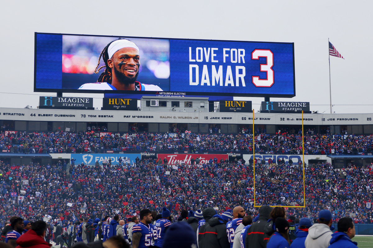 The scoreboard pays tribute to Damar Hamlin.