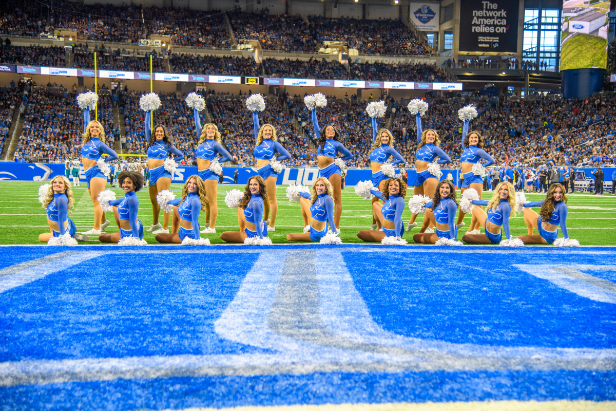 DETROIT, MI - DECEMBER 04: The Detroit Lions Cheerleaders perform during to the Detroit Lions versus the Jacksonville Jaguars game on Sunday December 4, 2022 at Ford Field in Detroit, MI. (Photo by Steven King/Icon Sportswire via Getty Images)