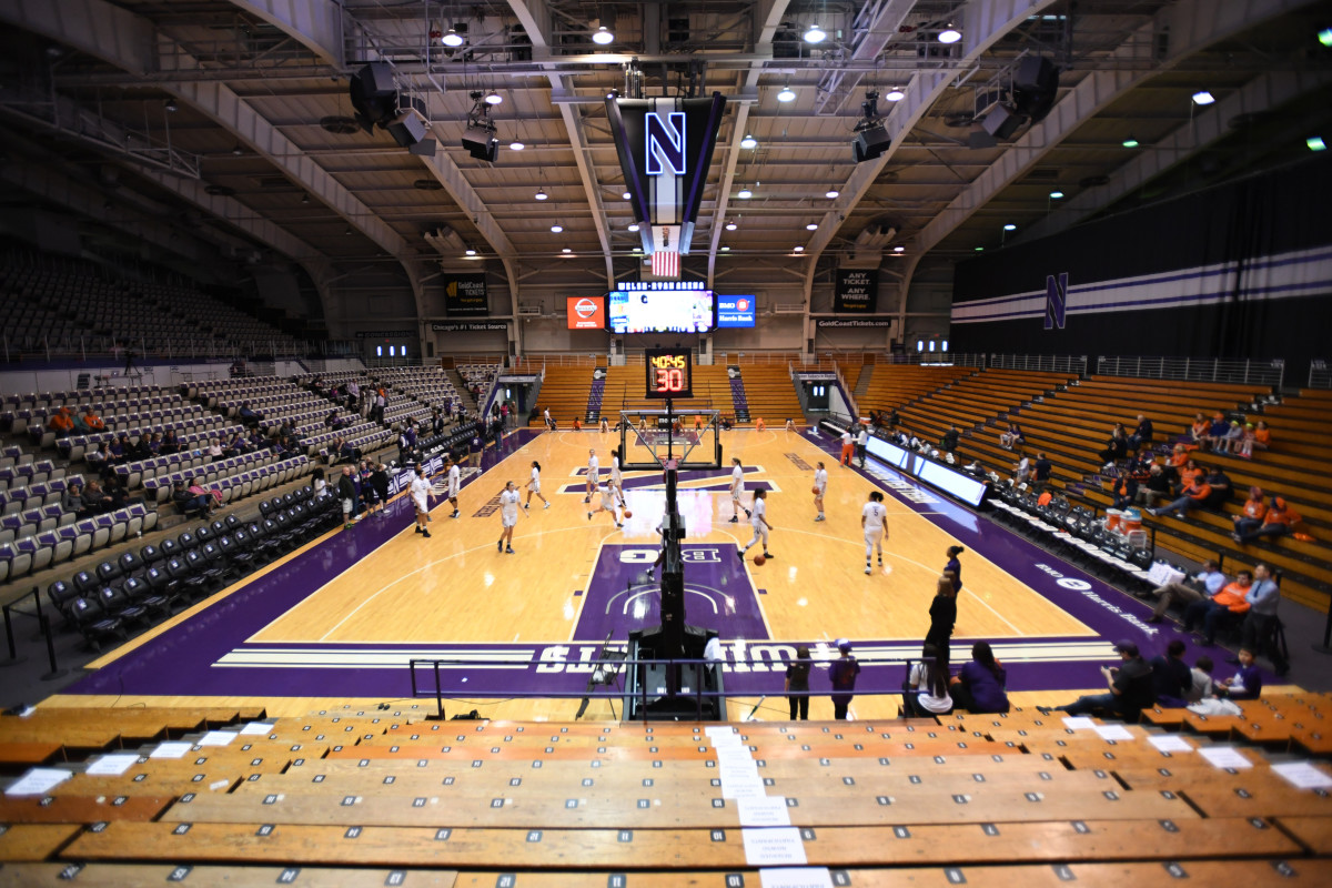 A general behind the basket view of Welsh-Ryan Arena at Northwestern.