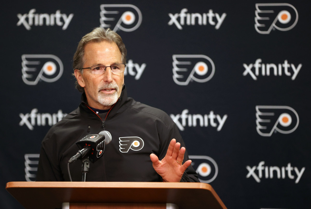 PHILADELPHIA, PENNSYLVANIA - DECEMBER 20:  Head Coach of the Philadelphia Flyers John Tortorella speaks during a press conference after his team defeated the Columbus Blue Jackets 5-2 at the Wells Fargo Center on December 20, 2022 in Philadelphia, Pennsylvania.  (Photo by Len Redkoles/NHLI via Getty Images)