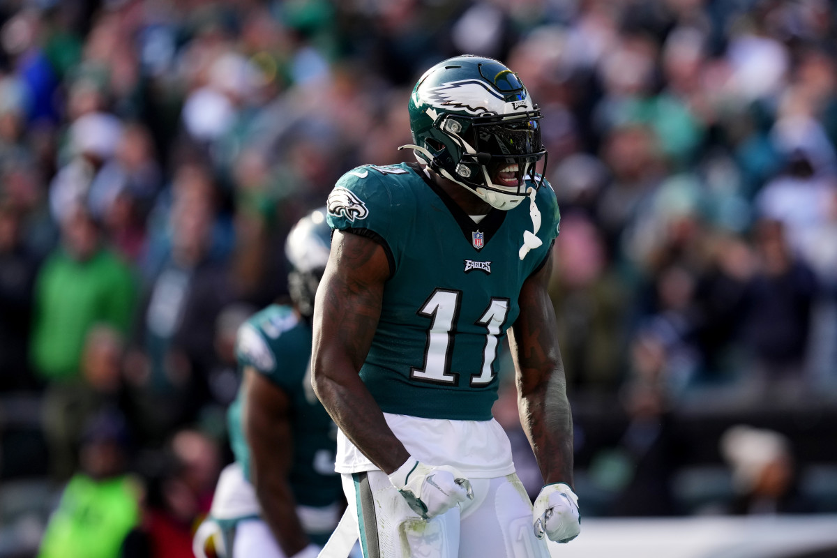 Eagles wide receiver A.J. Brown reacts after scoring a touchdown against the Tennessee Titans.
