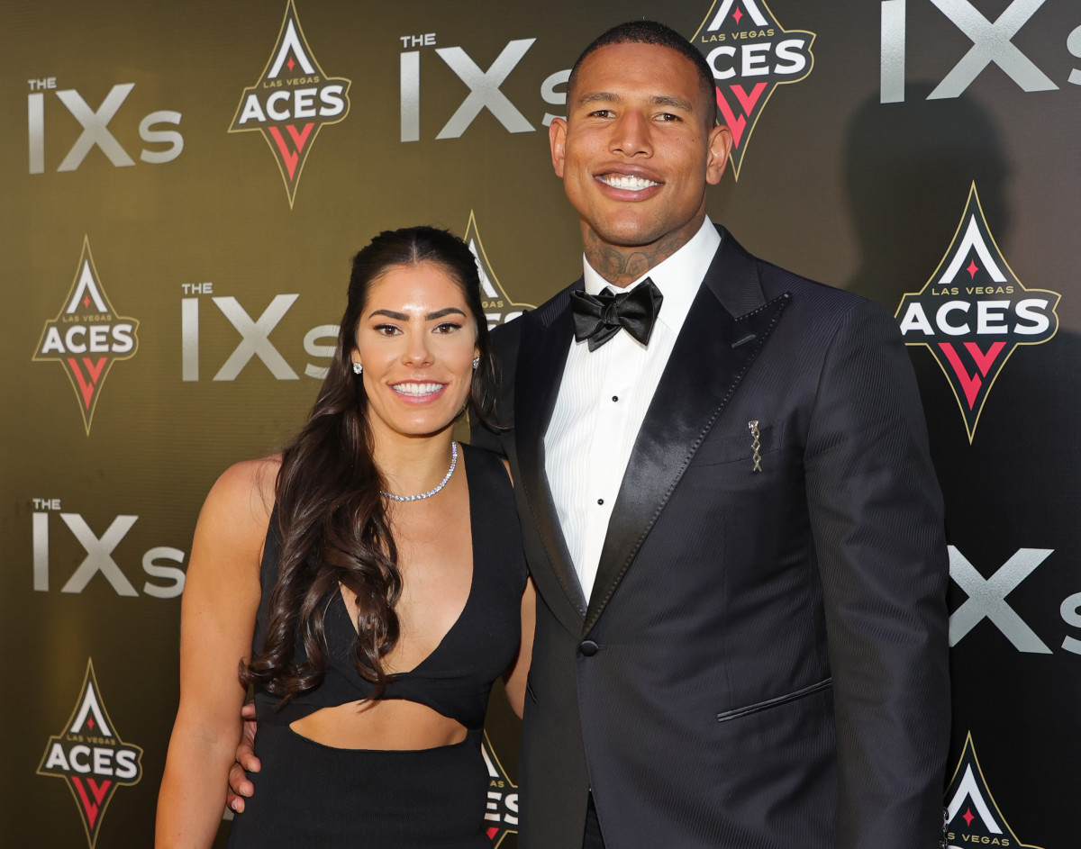 LAS VEGAS, NEVADA - JUNE 17: WNBA player Kelsey Plum (L) of the Las Vegas Aces and tight end Darren Waller of the Las Vegas Raiders attend the inaugural IX Awards at Allegiant Stadium on June 17, 2022 in Las Vegas, Nevada. The IXs, presented by the WNBA's Las Vegas Aces, celebrate the 50th anniversary of the passage of Title IX and recognize women and men who have fought for equality in sports and beyond. (Photo by Ethan Miller/Getty Images)