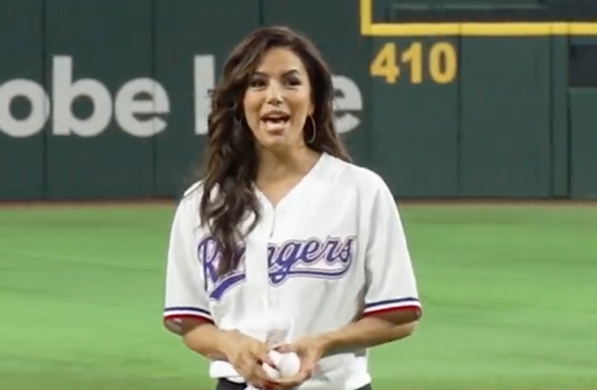 Texas Rangers on X: Flamin' Hot first pitch from @EvaLongoria! 🔥  @SIRIUSXM x #StraightUpTX  / X