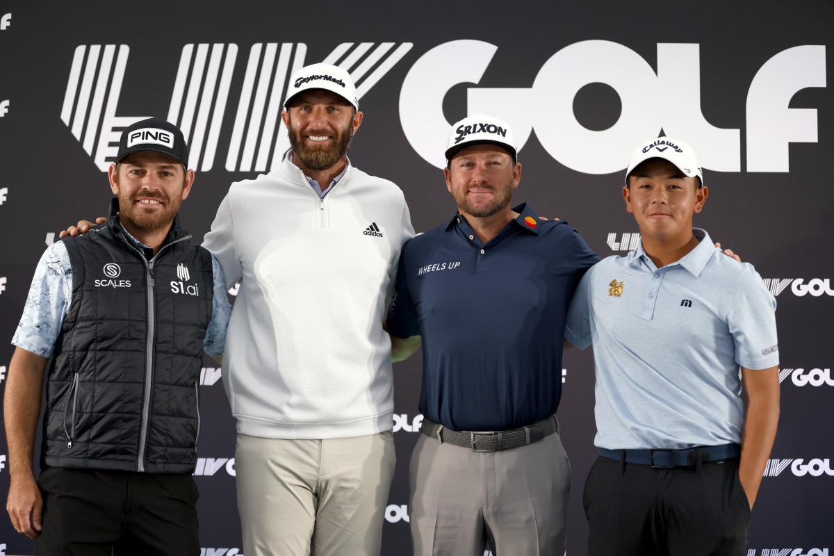 l-r; Louis Oosthuizen, Dustin Johnson, Graeme McDowell and Ratchanon Chantananuwat during a press conference at the Centurion Club, Hertfordshire ahead of the LIV Golf Invitational Series. Picture date: Tuesday June 7, 2022. (Photo by Steven Paston/PA Images via Getty Images)
