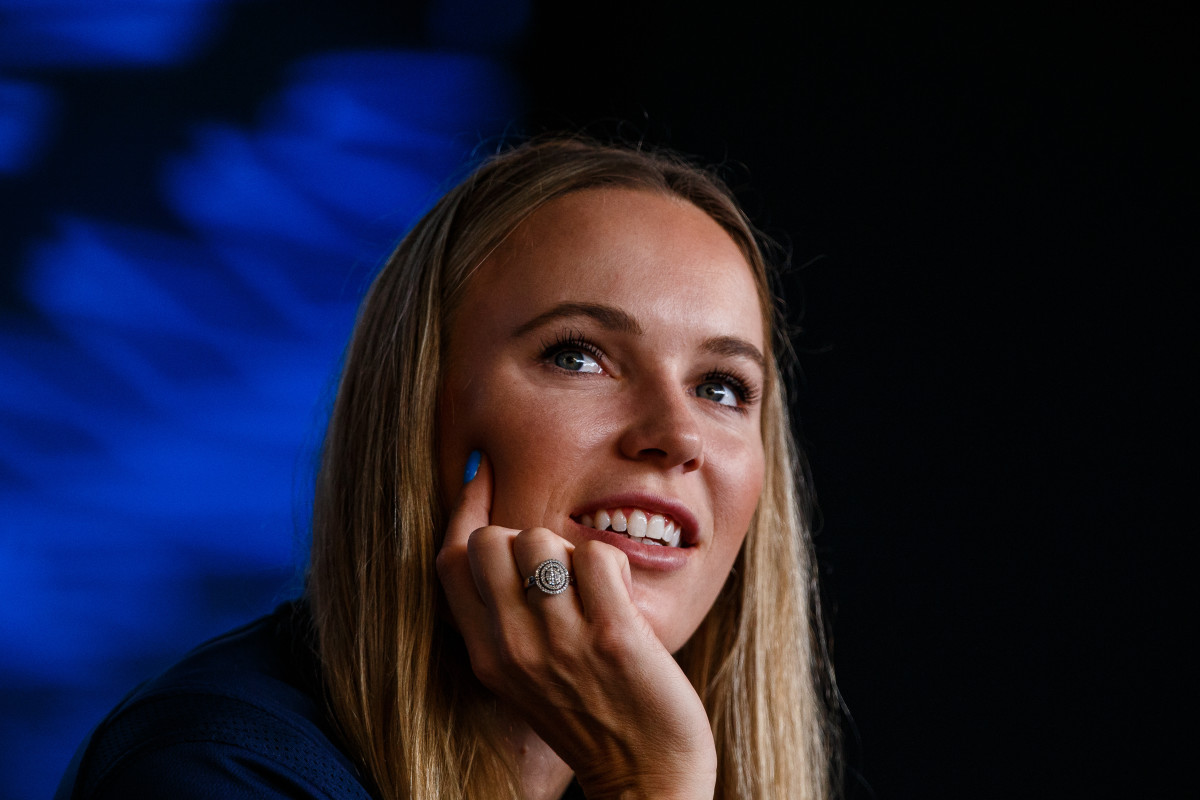 MELBOURNE, AUSTRALIA - JANUARY 18: Caroline Wozniacki of Denmark during pre-tournament player media conference ahead of the 2020 Australian Open at Melbourne Park on January 18, 2020 in Melbourne, Australia. (Photo by Chaz Niell/Getty Images)