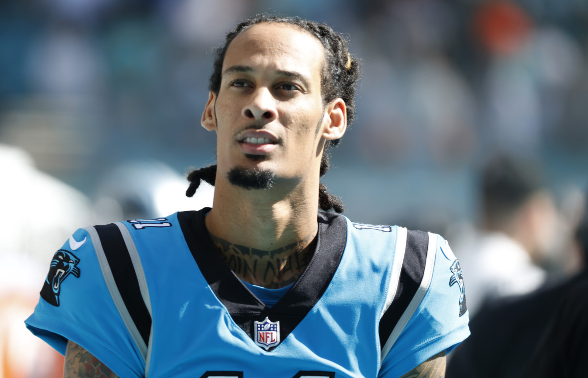 MIAMI GARDENS, FLORIDA - NOVEMBER 28: Robby Anderson #11 of the Carolina Panthers looks on before the game against the Miami Dolphins at Hard Rock Stadium on November 28, 2021 in Miami Gardens, Florida. (Photo by Cliff Hawkins/Getty Images)