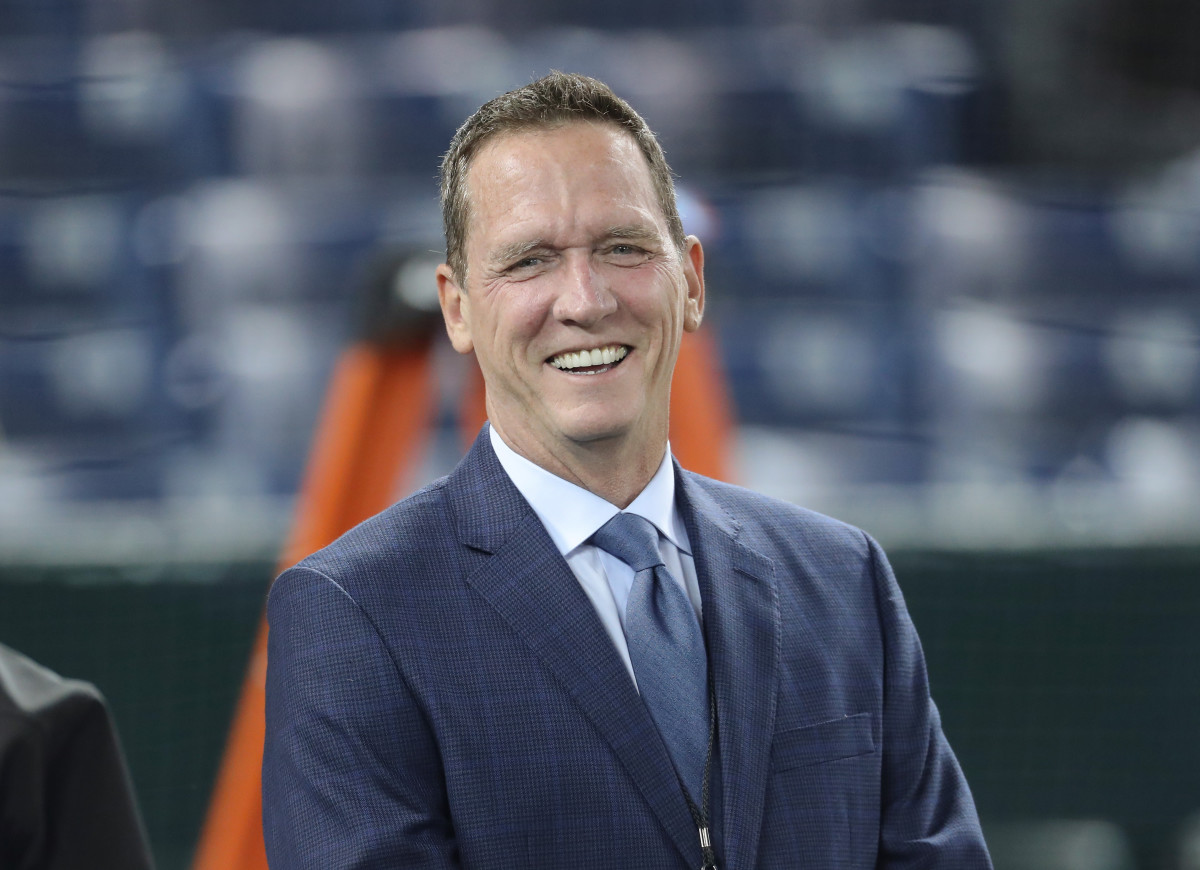 TORONTO, ON - MARCH 30: Former pitcher and YES Network color commentator David Cone laughs during batting practice before the New York Yankees MLB game against the Toronto Blue Jays at Rogers Centre on March 30, 2018 in Toronto, Canada. (Photo by Tom Szczerbowski/Getty Images) *** Local Caption *** David Cone