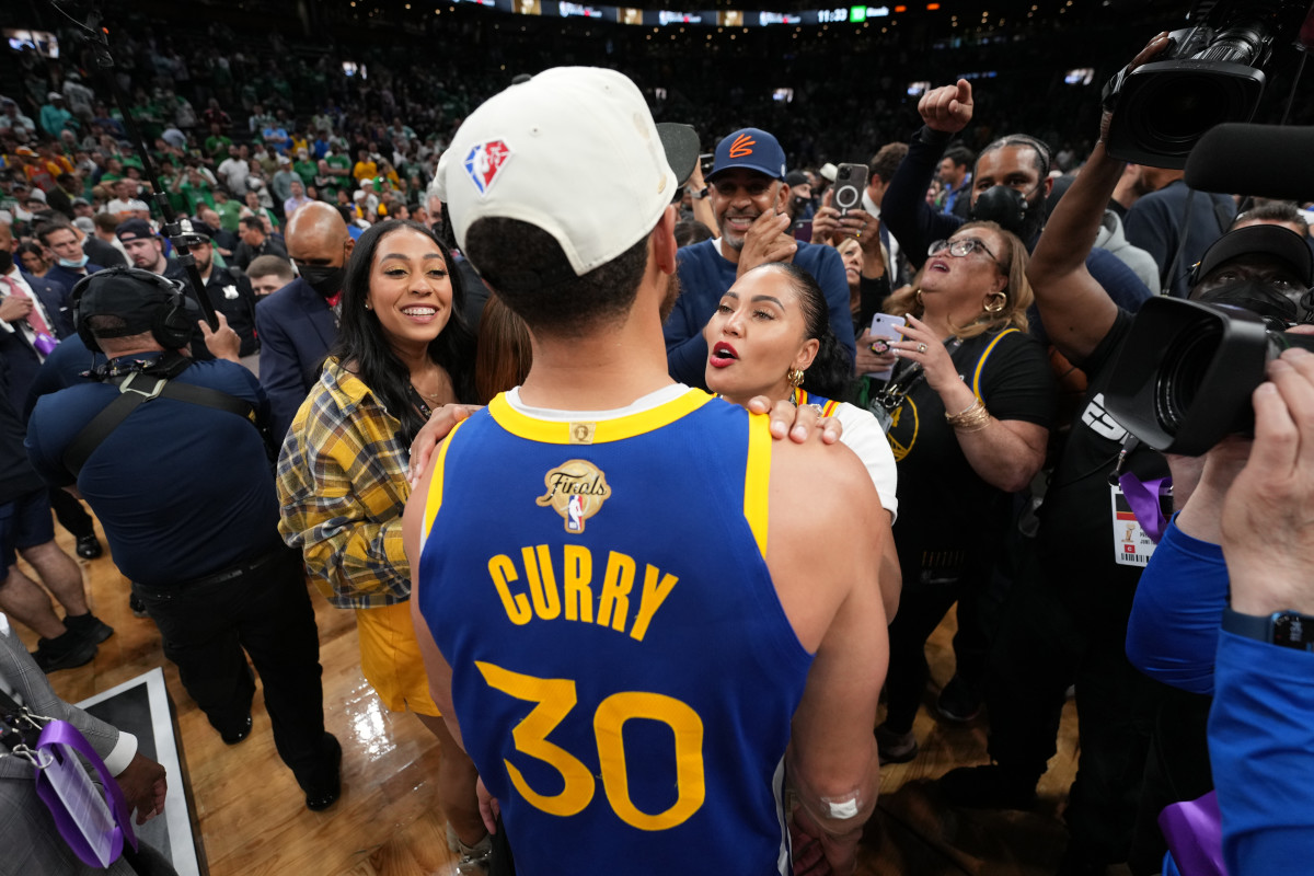 BOSTON, MA - JUNE 16: Stephen Curry #30 of the Golden State Warriors celebrates with his family after Game Six of the 2022 NBA Finals on June 16, 2022 at TD Garden in Boston, Massachusetts. NOTE TO USER: User expressly acknowledges and agrees that, by downloading and or using this photograph, user is consenting to the terms and conditions of Getty Images License Agreement. Mandatory Copyright Notice: Copyright 2022 NBAE (Photo by Jesse D. Garrabrant/NBAE via Getty Images)