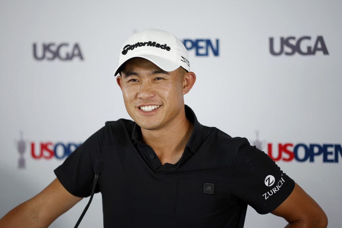 BROOKLINE, MASSACHUSETTS - JUNE 14: Collin Morikawa of the United States speaks to the media at a press conference during a practice round prior to the US Open at The Country Club on June 14, 2022 in Brookline, Massachusetts. (Photo by Cliff Hawkins/Getty Images)