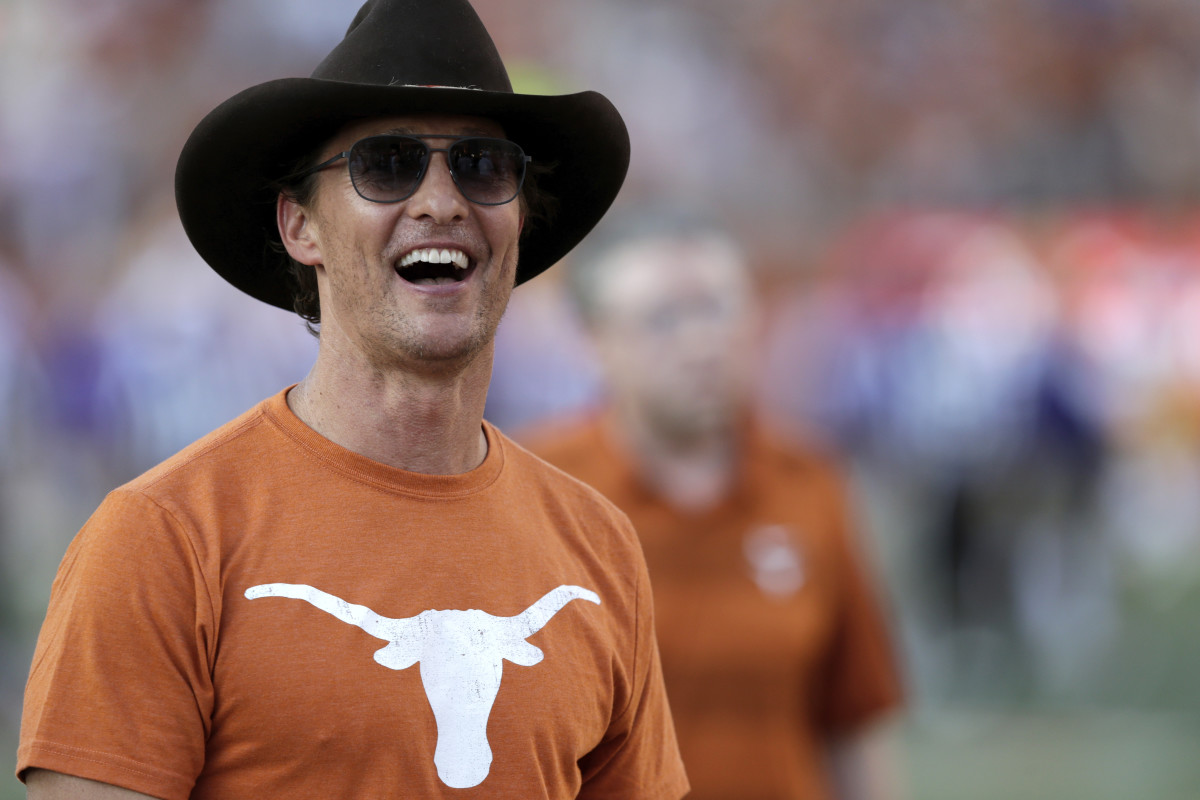 AUSTIN, TX - SEPTEMBER 07:  Actor Matthew McConaughey watches players warm up before the game between the Texas Longhorns and the LSU Tigers at Darrell K Royal-Texas Memorial Stadium on September 7, 2019 in Austin, Texas.  (Photo by Tim Warner/Getty Images)