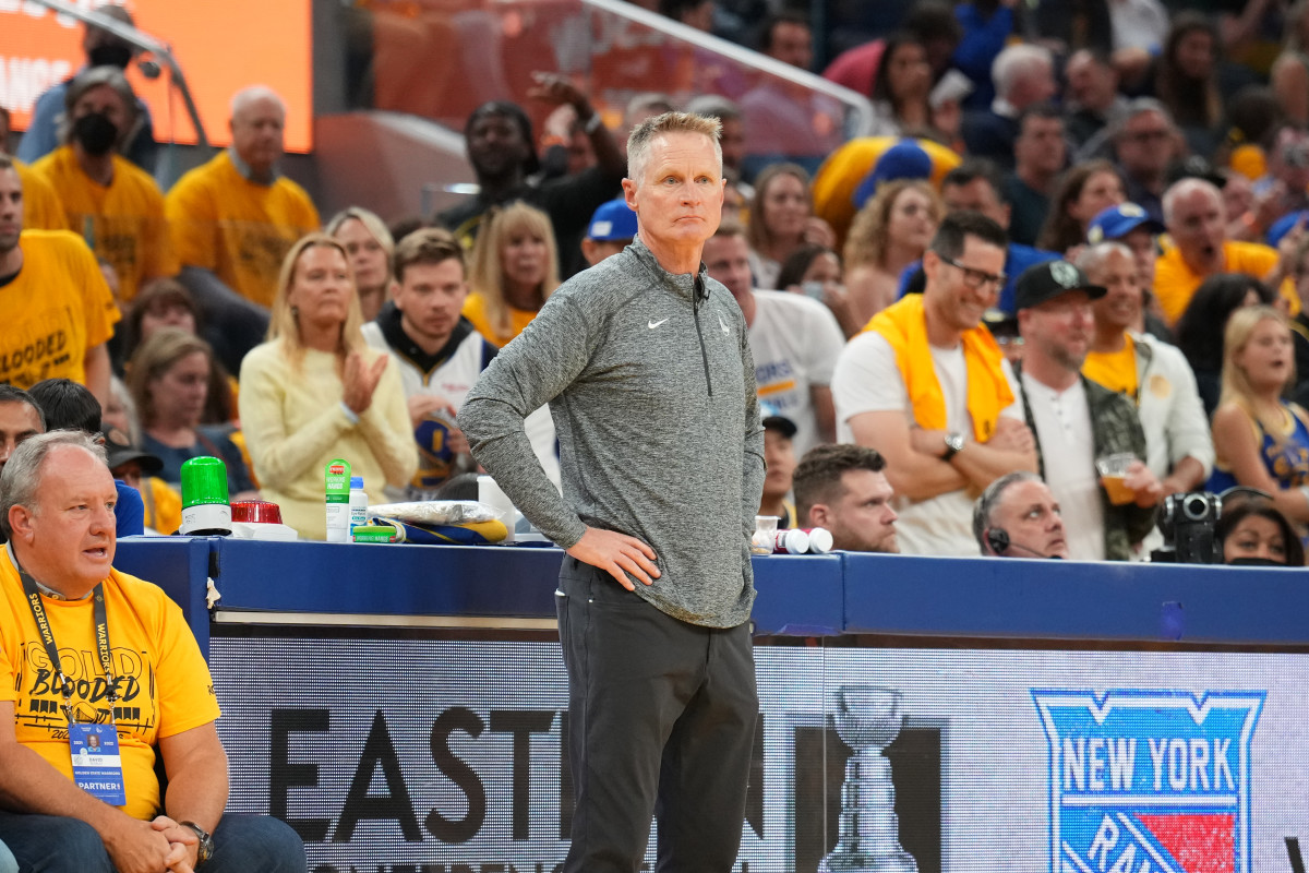 SAN FRANCISCO, CA - JUNE 5: Head Coach Steve Kerr of the Golden State Warriors looks on during Game Two of the 2022 NBA Finals on June 5, 2022 at Chase Center in San Francisco, California. NOTE TO USER: User expressly acknowledges and agrees that, by downloading and or using this photograph, user is consenting to the terms and conditions of Getty Images License Agreement. Mandatory Copyright Notice: Copyright 2022 NBAE (Photo by Jesse D. Garrabrant/NBAE via Getty Images)