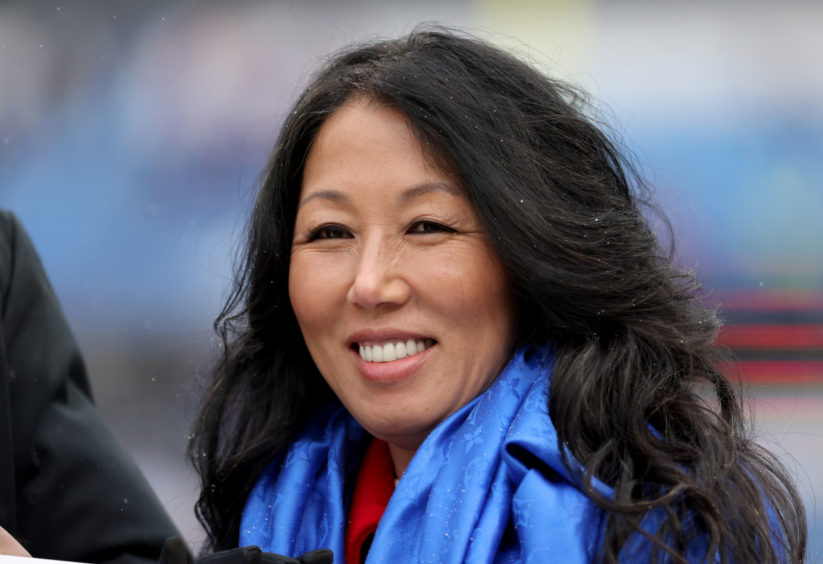 ORCHARD PARK, NEW YORK - DECEMBER 19: Buffalo Bills owner Kim Pegula on the field before a game against the Carolina Panthers at Highmark Stadium on December 19, 2021 in Orchard Park, New York. (Photo by Timothy T Ludwig/Getty Images)