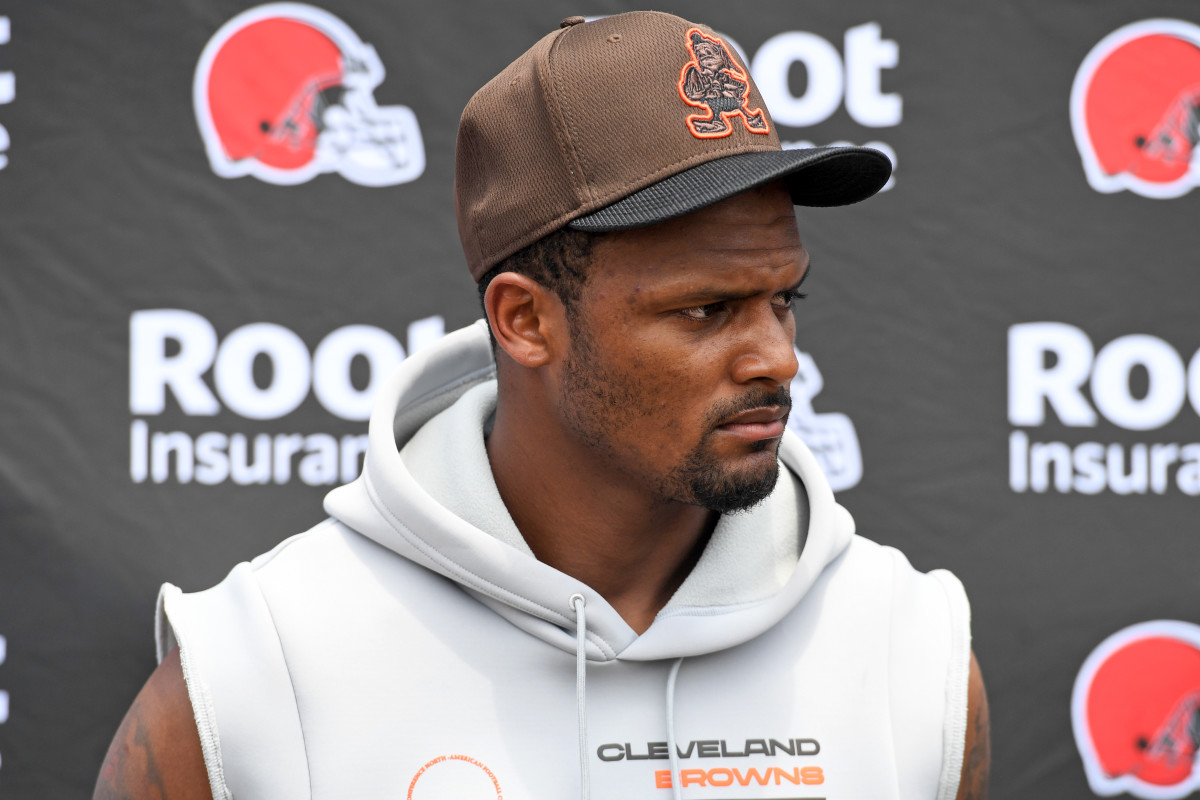 BEREA, OH - JUNE 14: Deshaun Watson #4 of the Cleveland Browns listens to questions during press conference after the Cleveland Browns mandatory minicamp at CrossCountry Mortgage Campus on June 14, 2022 in Berea, Ohio. (Photo by Nick Cammett/Getty Images)