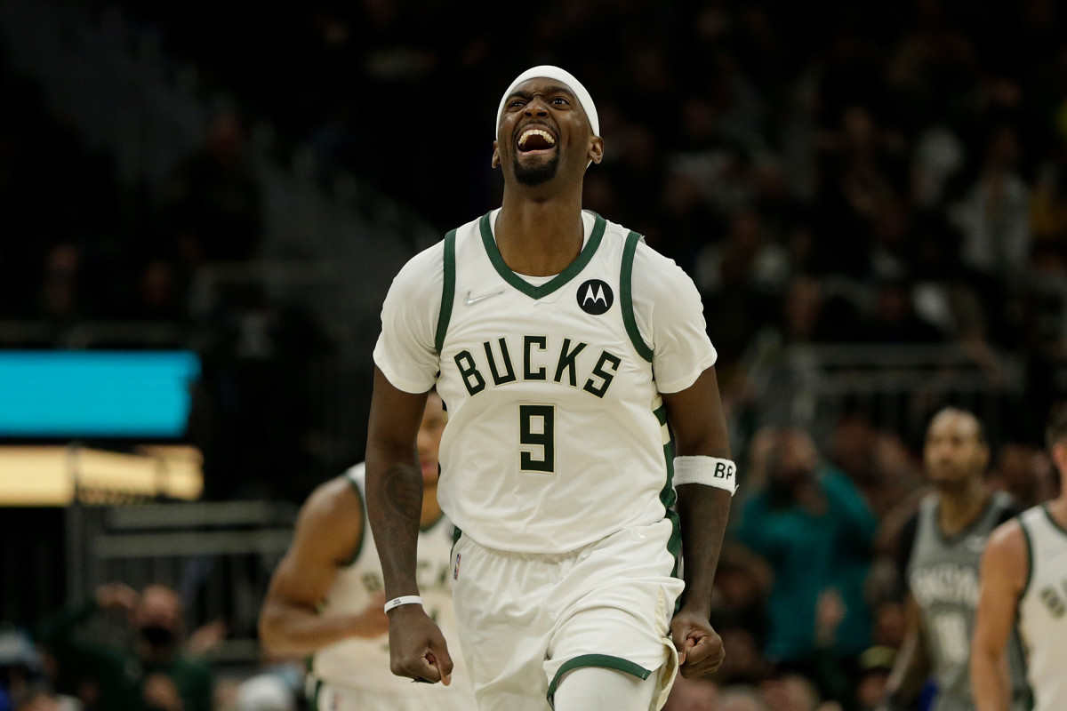 MILWAUKEE, WISCONSIN - FEBRUARY 26: Bobby Portis #9 of the Milwaukee Bucks reacts after hitting a three point shot during the second half of a game against the Brooklyn Nets at Fiserv Forum on February 26, 2022 in Milwaukee, Wisconsin. NOTE TO USER: User expressly acknowledges and agrees that, by downloading and or using this photograph, User is consenting to the terms and conditions of the Getty Images License Agreement. (Photo by John Fisher/Getty Images)