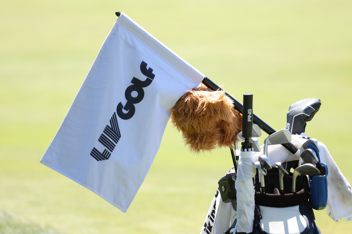 NORTH PLAINS, OREGON - JUNE 29: A detailed view of a flag with LIV Golf logo is seen during the pro-am prior to the LIV Golf Invitational - Portland at Pumpkin Ridge Golf Club on June 29, 2022 in North Plains, Oregon. (Photo by Jamie Squire/LIV Golf/via Getty Images)
